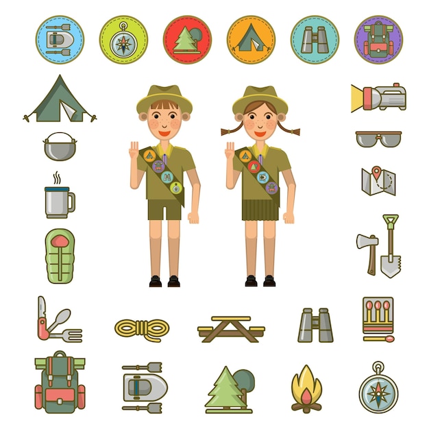 Scout boy and girl showing honor hand gesture and necessary equipment set and signs around vector colorful poster. Summer camping children
