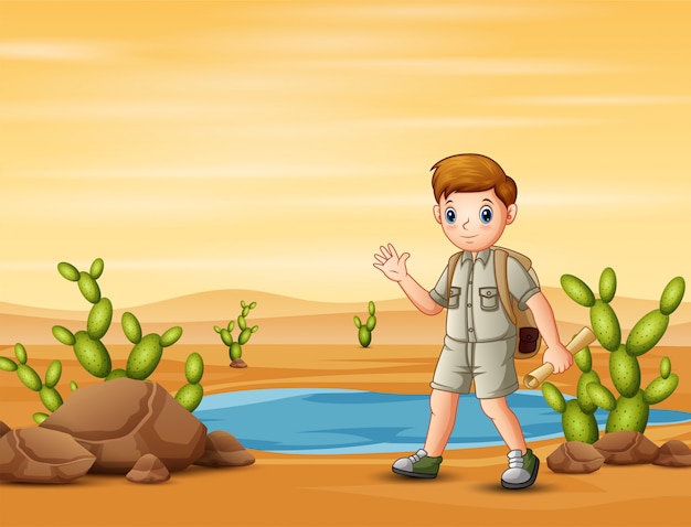 The scout boy hiking in desert field with maps