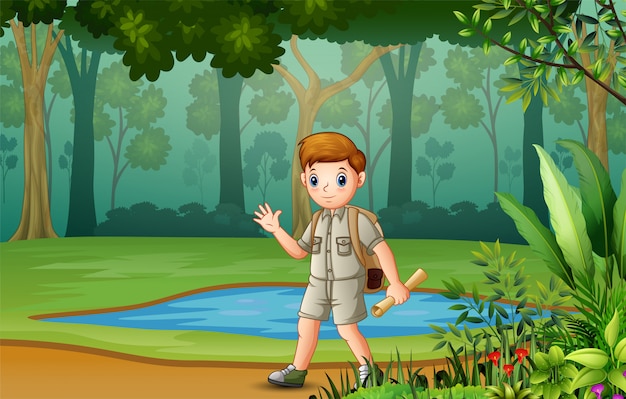 The scout boy through the forest with maps