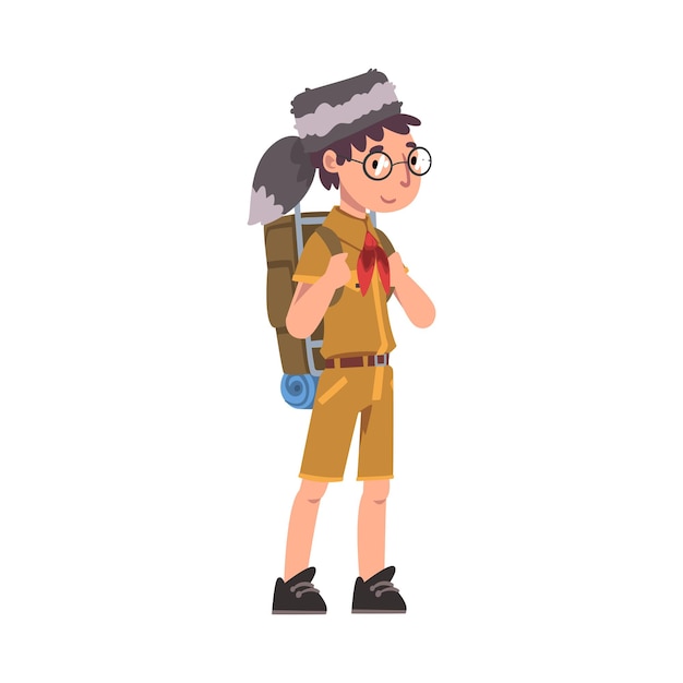 Vector scout boy with backpack scouting kid character wearing uniform neckerchief and coonskin cap summer camp activities vector illustration