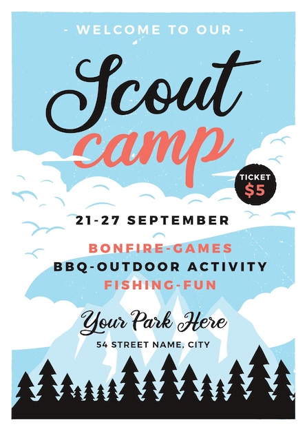 Vector scout camp flyer-formaat.