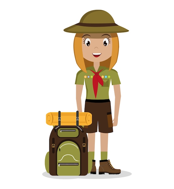 Personaggio scout con disegno dell'icona isolato borsa da viaggio