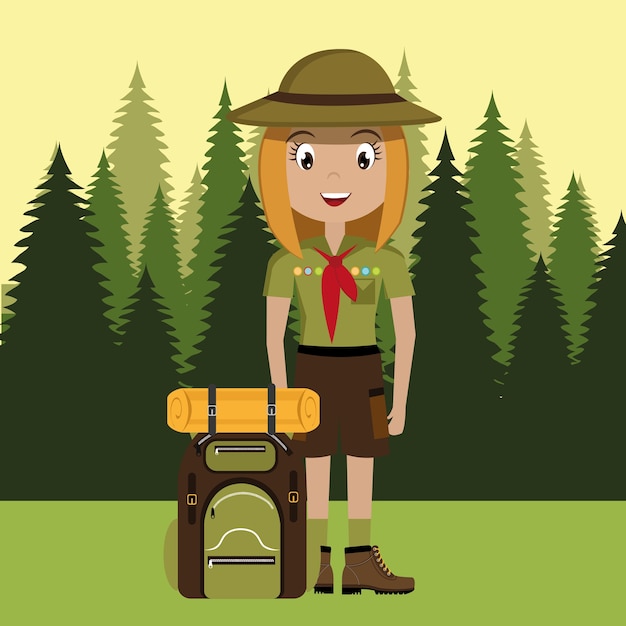 Personaggio scout con disegno dell'icona isolato borsa da viaggio