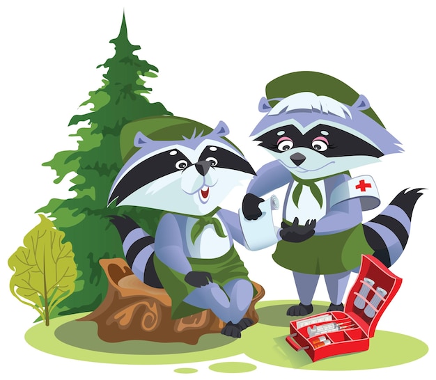 Scout raccoon bandaging first aid on hike