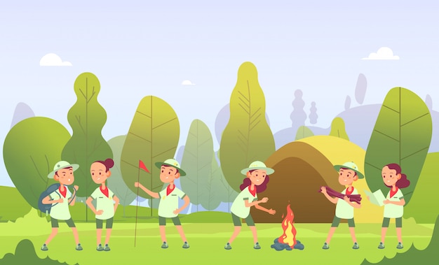 Scout in campeggio. bambini del fumetto al fuoco nella foresta. i bambini hanno un'avventura all'aperto estiva. illustrazione