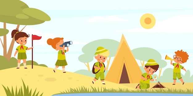 Scouts kids in nature Young tourists go hiking Children in uniform pitch tent and light campfire in lawn Boys and girls with camping equipment Vector summer outdoor vacation concept