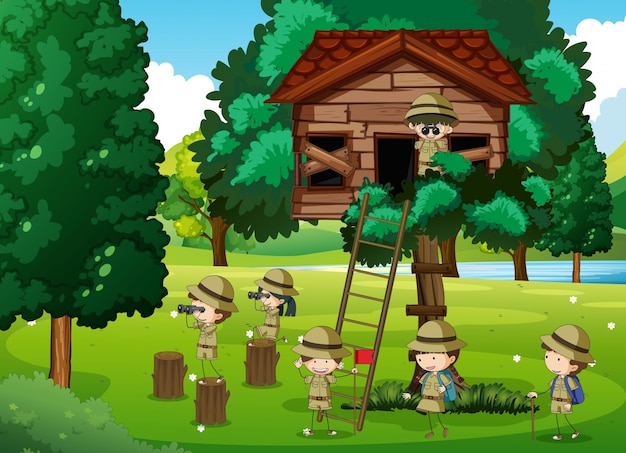 Scouts playing in the treehouse