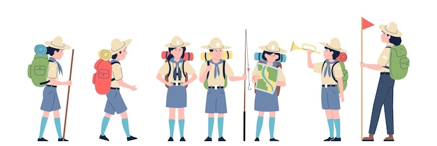 Scouts and ranger group survival and explorer children team Hiking on nature backpackers camping adventures Resting recent vector characters