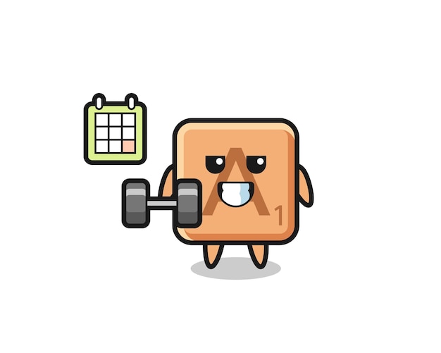 Scrabble-mascottecartoon die fitness doet met een schattig ontwerp met halters