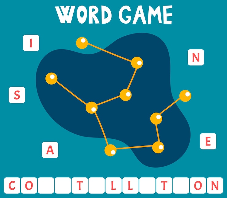 Vector scrabble word game that is arranged into words with text space theme constellation
