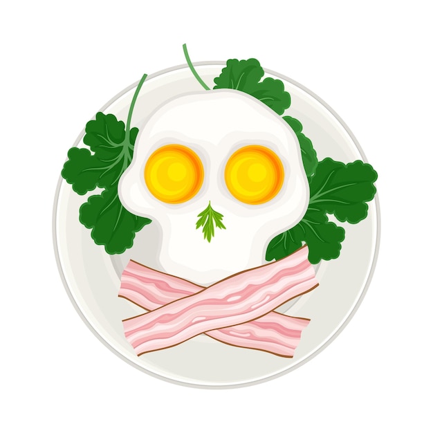 Scrambled egg and sliced bacon arranged in the shape of skull and cross bones above view vector