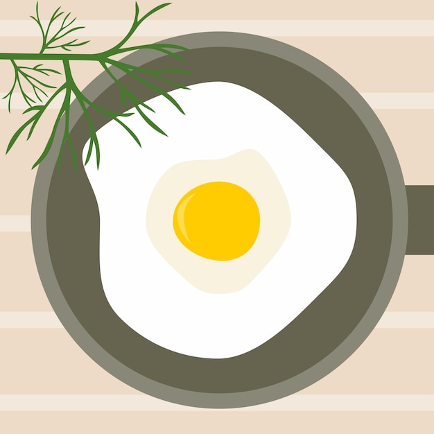 딜과 함께 접시에 스크램블 에그 아침 식사 프라이팬에 튀긴 계란