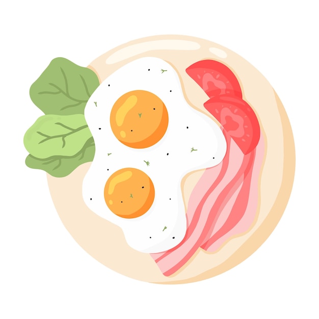 Vector scrambled eggs on a plate fried eggs with vegetables and bacon vector illustration in cartoon style english delicious breakfast omelet with tomato and bacon