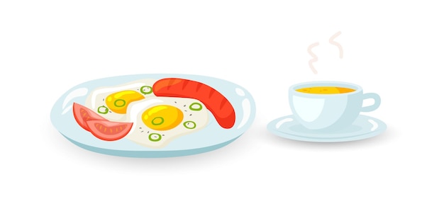 Vector scrambled eggs with sausage tomato slices and cup of hot tea