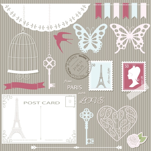 Scrapbook ontwerpelementen en silhouetten instellen.