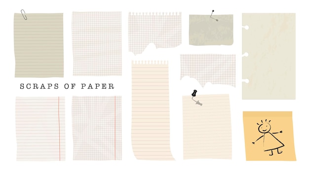 Vector scraps of paper collection stationery decorated pieces of old checkered and lined paper weekly daily planners note paper sticker templates vector illustration isolated elements