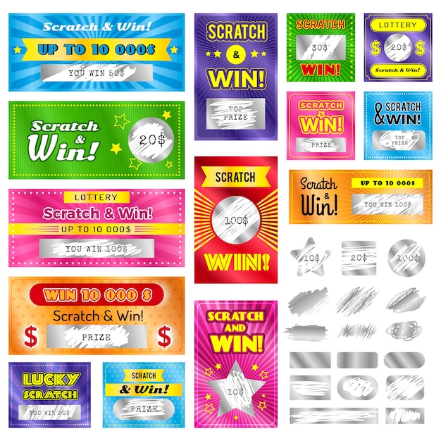 Scratch cards Ads or lottery tickets templates with scratching texture recent vector pictures set of scratch game lottery to win ticket prize illustration