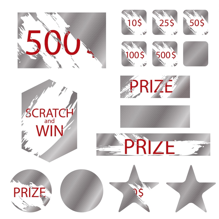 Vector scratch games cards with effects metallic scrape symbol of prize lottery win reward or luck vector illustration