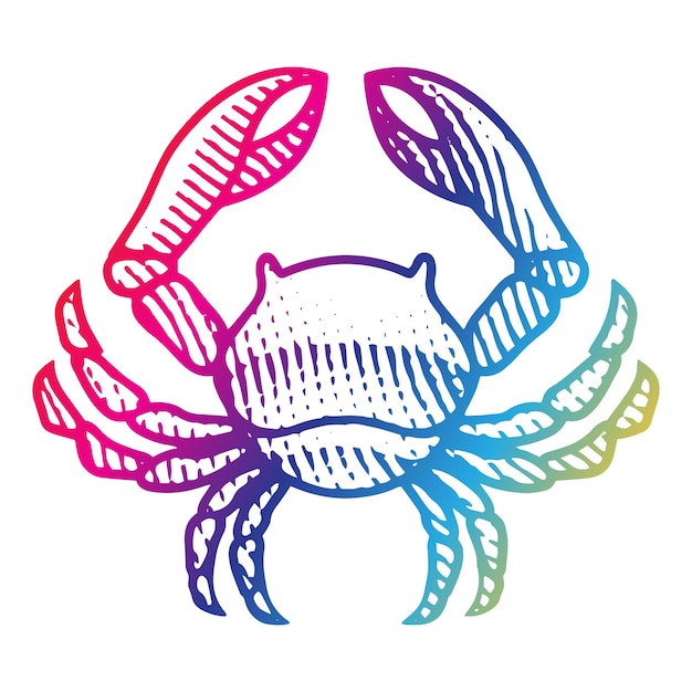 Vector scratchboard engraved crab in rainbow colors