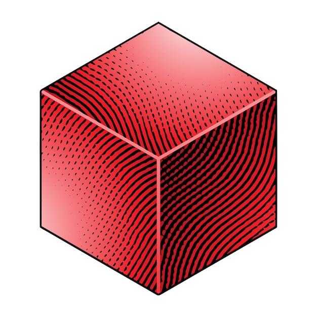 Vector scratchboard engraved cube with red fill