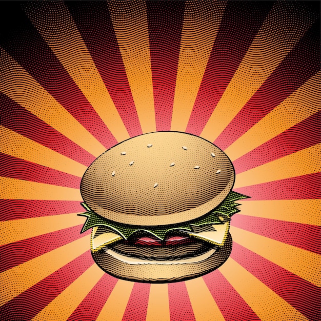 Vector scratchboard gegraveerde hamburger op gestreepte achtergrond