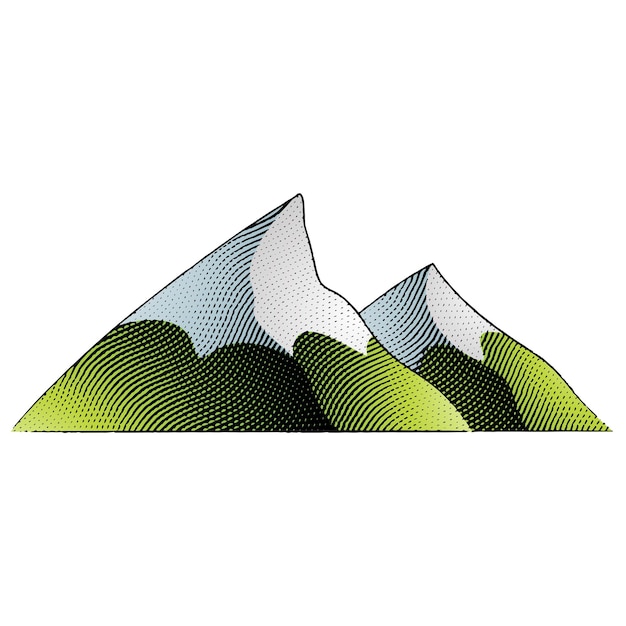 Scratchboard gegraveerde illustratie van bergen met kleurrijke vulling