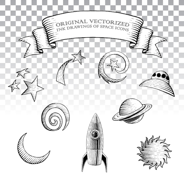 Vector scratchboard style ink drawings of a rocket and space icons