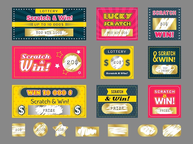 Scratching cards Prize games cards tickets lottery templates recent vector illustrations set isolated Game prize cash scratch win ticket