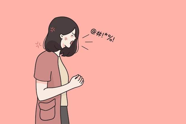 尖叫的哭泣的情感愤怒的女人 卡通人物站着喊叫