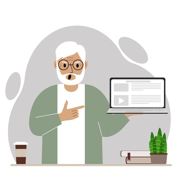 Screaming grandfather holding a laptop computer with one hand and pointing at it with the other. Laptop computer technology concept.