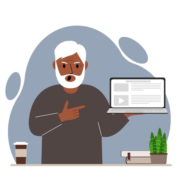 Vector screaming grandfather holding a laptop computer with one hand and pointing at it with the other. laptop computer technology concept.