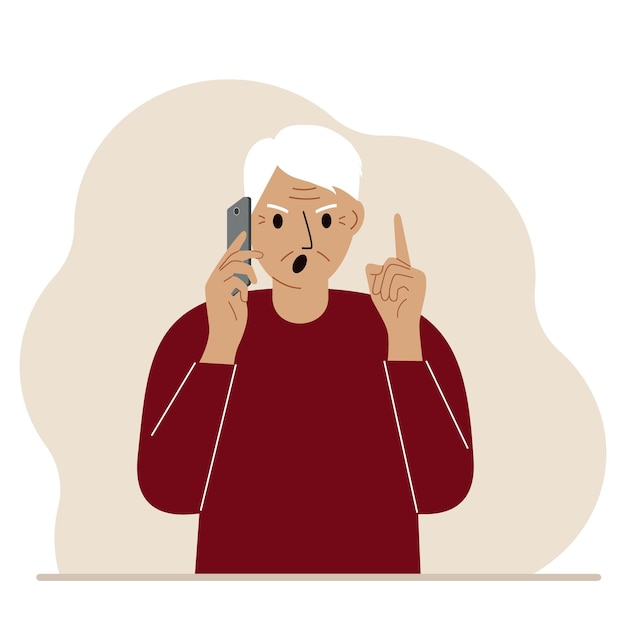 Вектор Кричащий дедушка разговаривает по мобильному телефону с эмоциями. одна рука с телефоном, другая - жест вверх указательным пальцем. векторная иллюстрация плоский