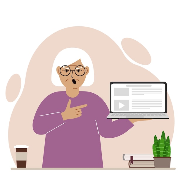 벡터 한 손으로 노트북 컴퓨터를 들고 다른 손으로 그것을 가리키는 할머니 비명. 노트북 컴퓨터 기술 개념입니다.