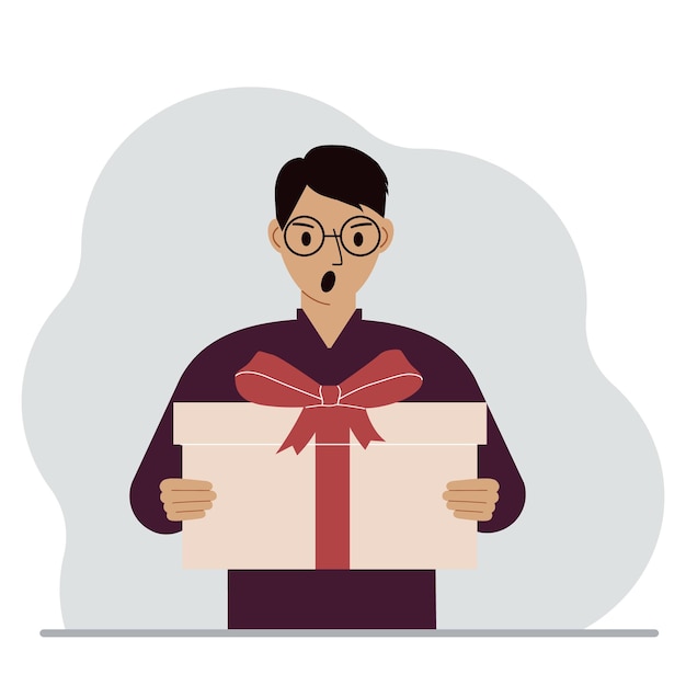 Screaming man holds a large gift box with a bow in his hands Vector flat illustration