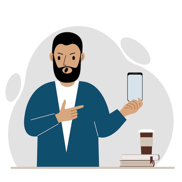 A screaming man holds a mobile phone in one hand and points at it with the index finger of his other hand. vector flat illustration