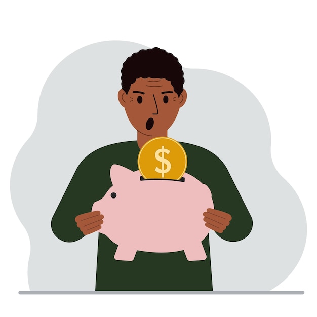 Screaming man holds a piggy bank a coin falls into the piggy bank The concept of saving finance savings investing finances Vector flat illustration