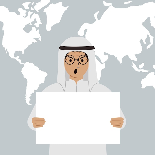 Screaming man holds and shows a white blank sheet or a poster against the backdrop of the karate of the world vector flat illustration