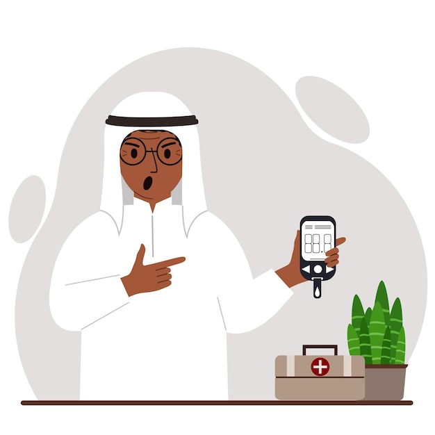 Screaming muslim man holds a glucometer in his hand The concept of blood sugar control diabetic Vector flat illustration