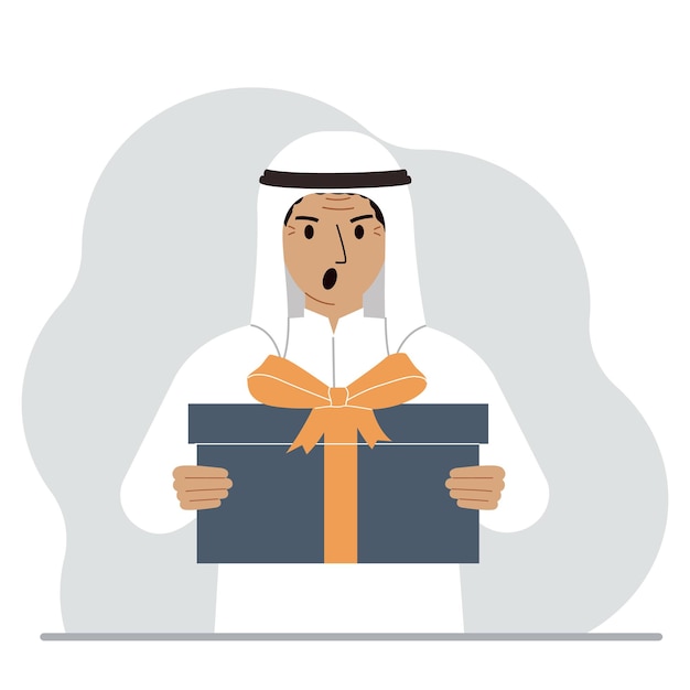 Screaming muslim man holds a large gift box with a bow in his hands Vector flat illustration