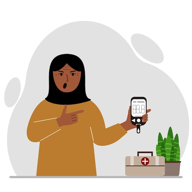 비명을 지르는 이슬람 여성은 혈당 조절 당뇨병 벡터 평면 그림의 개념을 손에 들고 있습니다.
