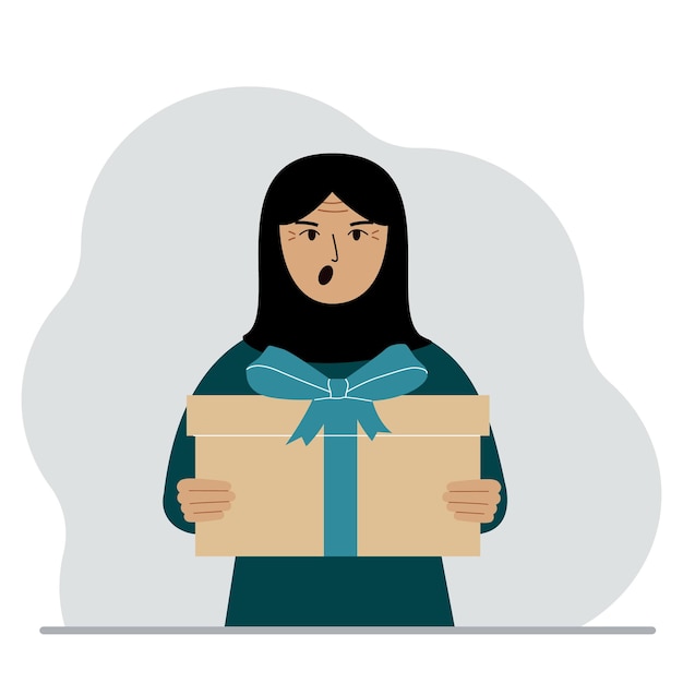 Screaming muslim woman holds a large gift box with a bow in his hands Vector