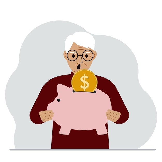 Screaming old man holds a piggy bank a coin falls into the piggy bank the concept of saving finance savings investing finances vector flat illustration