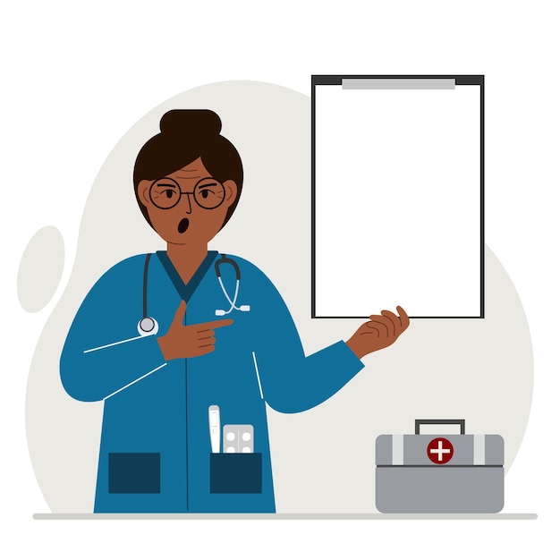 Screaming woman doctor holding a file with blank paper for text. Vector