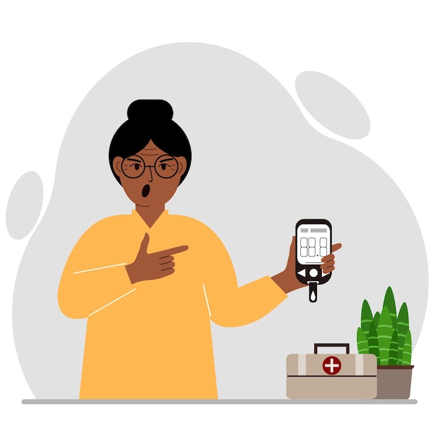 Screaming woman holds a glucometer in his hand The concept of blood sugar control diabetic Vector flat illustration