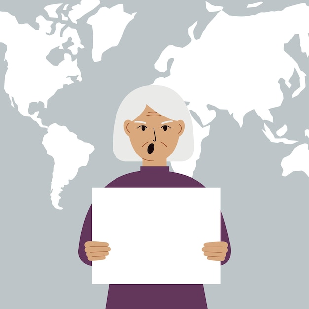 Screaming woman holds and shows a white blank sheet or a poster Against the backdrop of the karate of the world Vector flat illustration