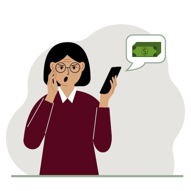 Vettore una donna urlante tiene in mano un telefono che ha ricevuto un messaggio sul denaro il concetto di guadagno o perdita di reddito online