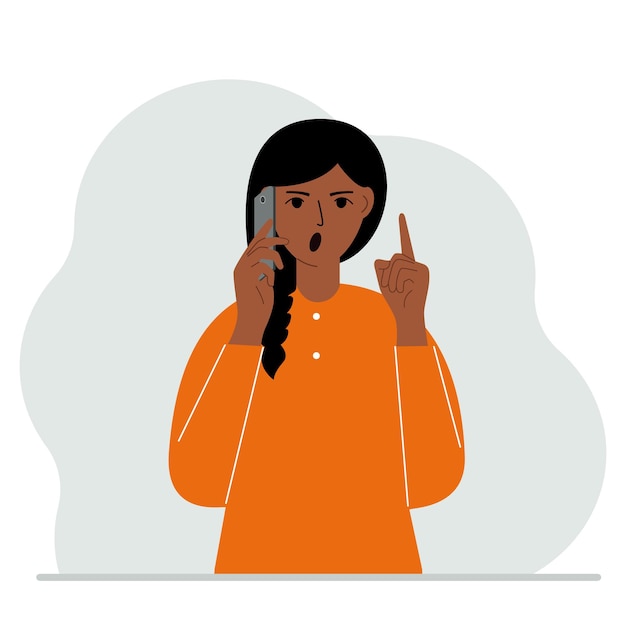 Vector screaming woman talking on a cell phone with emotions. one hand with the phone the other with a forefinger up gesture. vector flat illustration
