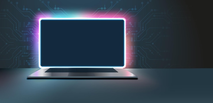 Vector screen and a desk in a dark room with blue lighting technological background with a laptop vector