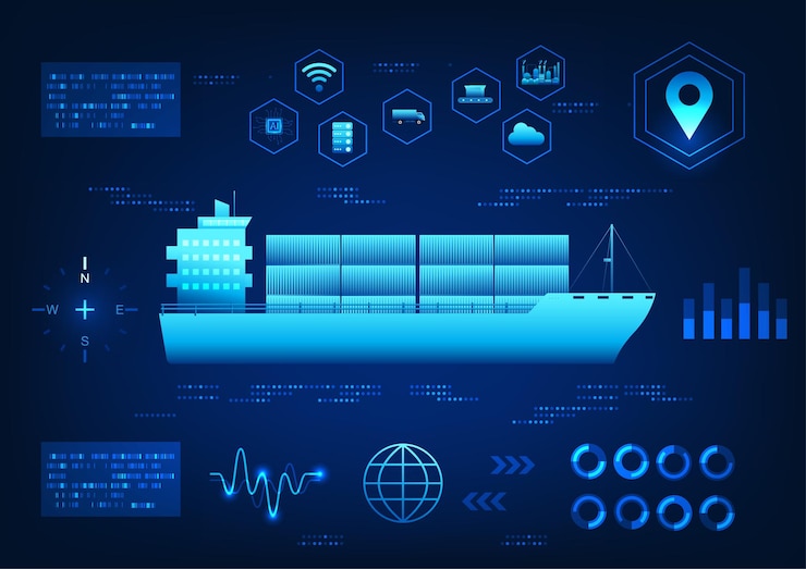 Vector screen displays a ship using ai technology with surrounding elements about transportation
