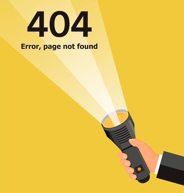 Screen error 404 page not found Flashlight shine on text and button Flat vector illustration